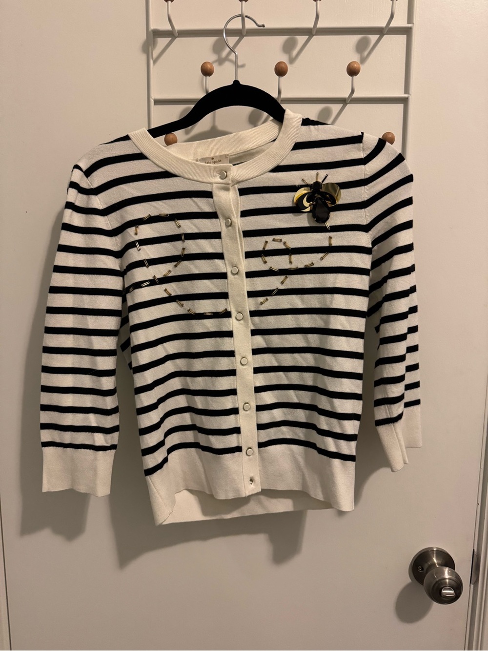 Striped Black & White Button Cardigan with Bee sewn on